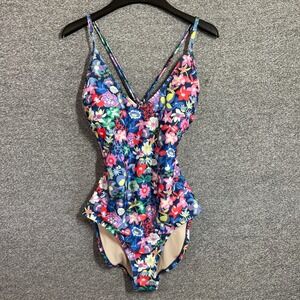 Tea Collection Womens Floral One Piece Swimsuit Blue Pink Cross Back Size M
